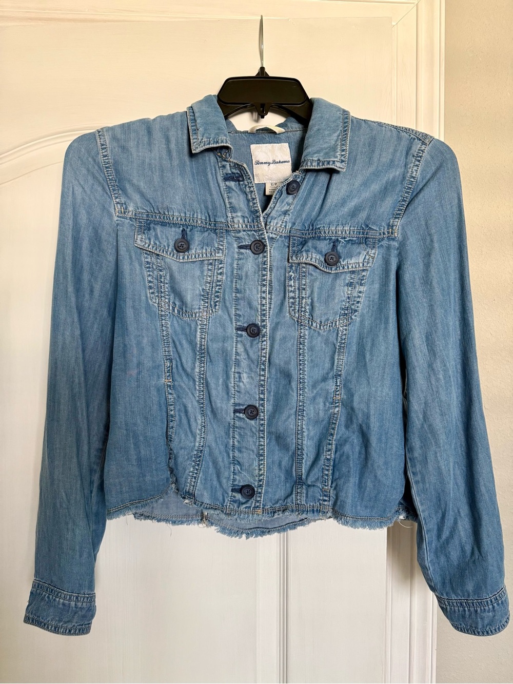 Tommy Bahama Chambray O'Lei Denim Jacket Frayed Raw Hem- S